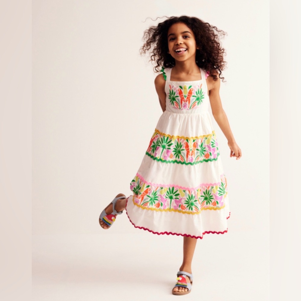 Mini Boden Tiered Rainbow Palm Ric Rack Twirly White Dress 2/3T